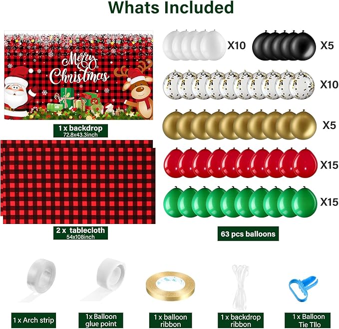 Christmas Party Decorations Set Includes Christmas Santa Claus Snowflakes Backdrop Table Covers Multi Color Balloons Foil Santa Claus and Deer Balloons for Xmas Party Supplies Favors (Plaid Style)