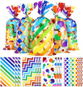 Kesote Rainbow Cellophane Treat Bags, 100 Pieces Printed Plastic Gift Goodie Candy Treat Bags with Ties for Summer Kids Birthday Party Favor Supplies