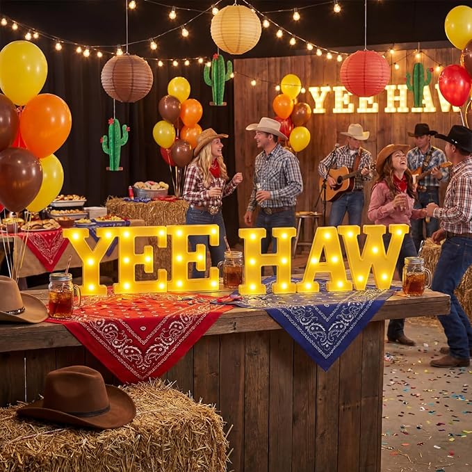 Honoson 6 Pcs Western Party Decorations Yee Haw LED Light up Sign West Neon Birthday Table Decorations for Cowboy Cowgirl Western Themed Birthday Baby Shower Party Decor