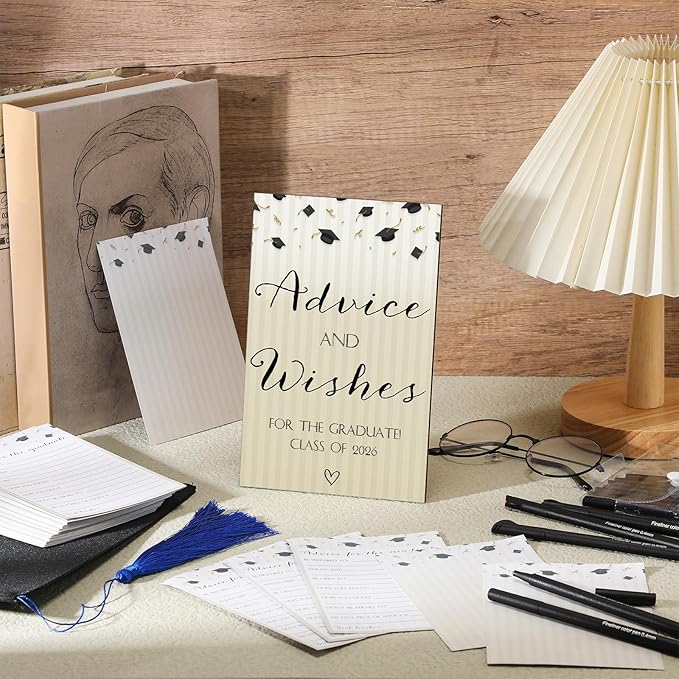113 Pcs Class of 2026 Graduation Party Favors Include 1 Advice and Wishes Wooden Sign 100 Graduation Advice Cards with 12 Fineliner Ink Pens for The Graduate Class of 2026(Classic Color)