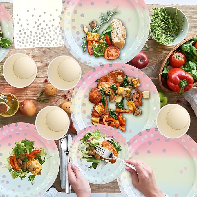 400Pcs Disposable Party Dinnerware Set, Paper Tableware Set, Disposable Party Supplies Happy Birthday Paper Plates, Napkins, Cups, Plastic Forks Knives Spoons Straws Favor for 25 Guests