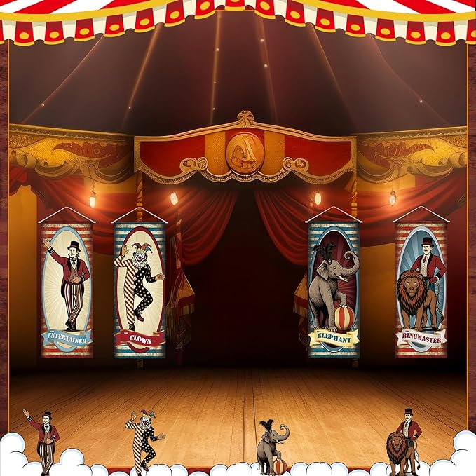 Panelee 4 Pcs Vintage Carnival Circus Party Decorations Circus Clown Elephant Ringmaser Porch Banner Side Show Party Hanging Backdrop for Halloween Birthday Baby Shower Wall Indoor Outdoor Decor