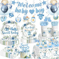 cocomigo 213PCS Blue Baby Boy Shower Decorations Tableware Set, 25 Serves Disposable Plates and Napkins Set, with Cake Topper, Centerpieces, Banner, Tablecloth, for Baby Boy Baby Shower Decorations