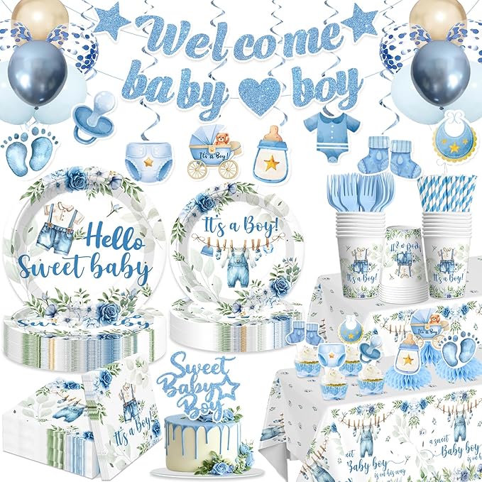 cocomigo 363PCS Blue Baby Boy Shower Decorations Tableware Set, 50 Serves Disposable Plates and Napkins Set, with Cake Topper, Centerpieces, Banner, Tablecloth, for Baby Boy Baby Shower Decorations