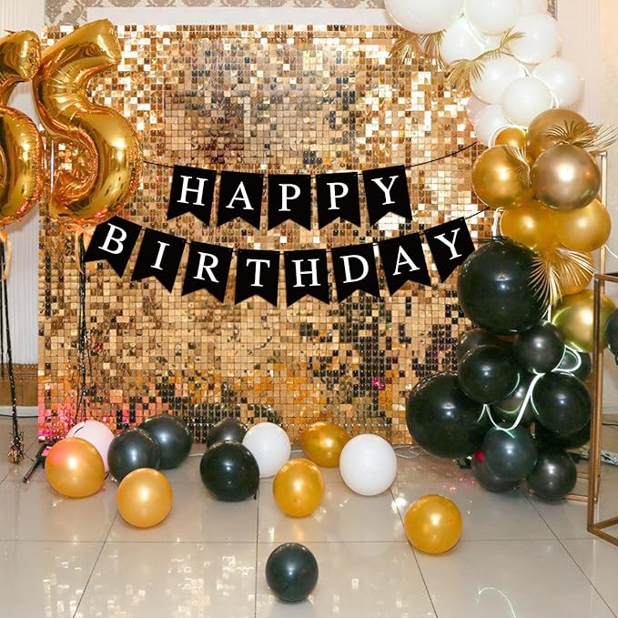 Black Happy Birthday Banner Sign Happy Birthday Bunting Banner Garland for Kids Girl Woman Birthday Tea Party Decorations Bunting Flag Birthday Party Supplies