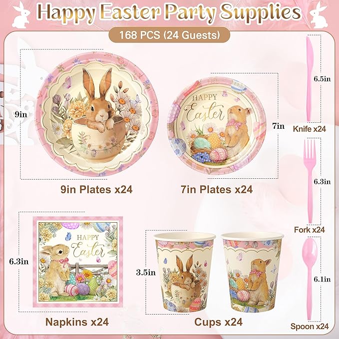 168PCS Happy Easter Party Supplies, Bunny and Eggs Paper Plates Napkins Cups and Cutlery, Easter Floral Disposable Tableware for Holiday Decor, Spring Wildflower Party Decorations