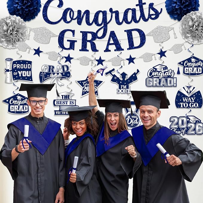 Navy Blue Graduation Decorations, Glitter Congrats Grad Banner Hanging Swirls and Tissue Pom Poms, Navy Blue and Silver Graduation Decorations for Class of 2026 College Graduations Party Decorations