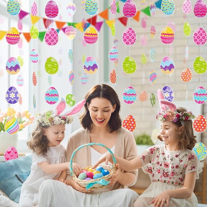 AhfuLife Easter Egg Garland Decorations, Happy Easter Paper Banner Party Decorations 6pcs Hanging Eggs for Home Party Favors Supplies