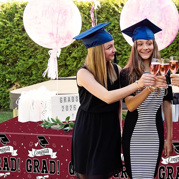 QZYL 2 PCS Graduation Decorations 2026, 108" X 54" Maroon Graduation Table Cloths, Rectangle Table Cloths for Class of 2026 Congrats Grad, Disposable Plastic Tablecover for Grad Decor Party Supplies
