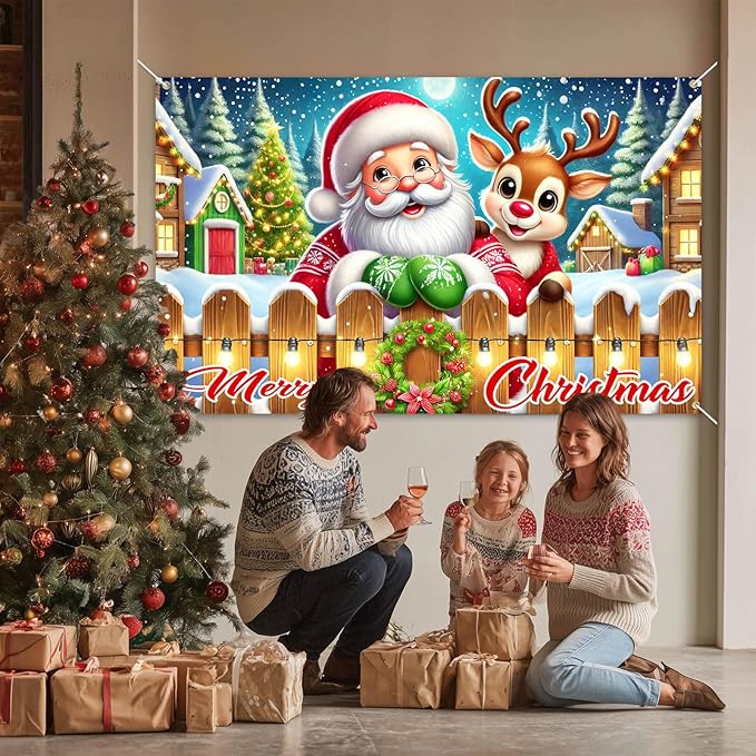 Merry Christmas Santa Reindeer Banner 71x43 Inches Merry Christmas Tree Scene Banner Holiday Photography Background Indoor Outdoor Seasonal Party Wall Decoration Winter Backdrop