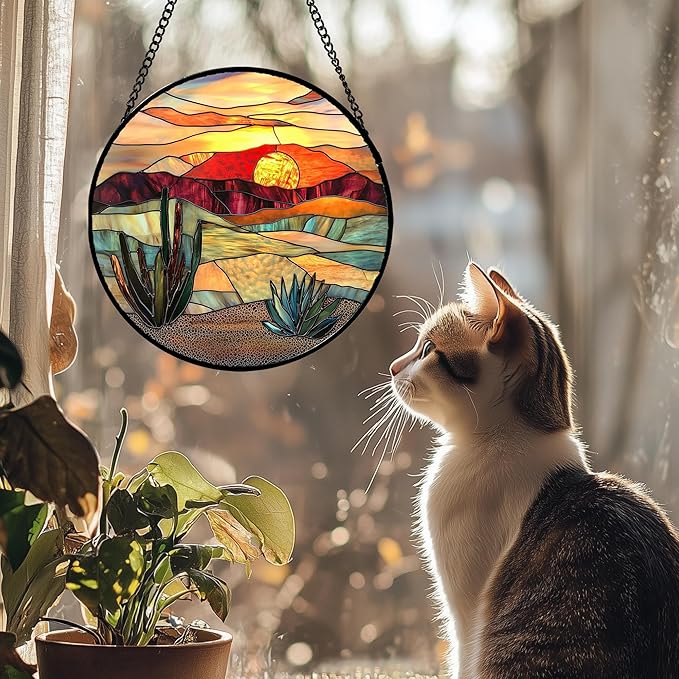 Stained Glass Window Hanging, Golden Landscape Dusk Sunset Suncatcher for Doors Window Home Cactus Sun Catchers Decoration Mother's Day Birthday Gifts for Women, Men, and Mom 9.8 in