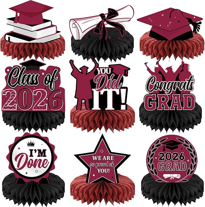 Yisong 9 Pieces 2026 Graduation Party Table Decorations Class of 2026 Congrats Graduation Centerpieces for Tables Congratulate Honeycomb Centerpiece Topper for Grad Party Supplies (Maroon)