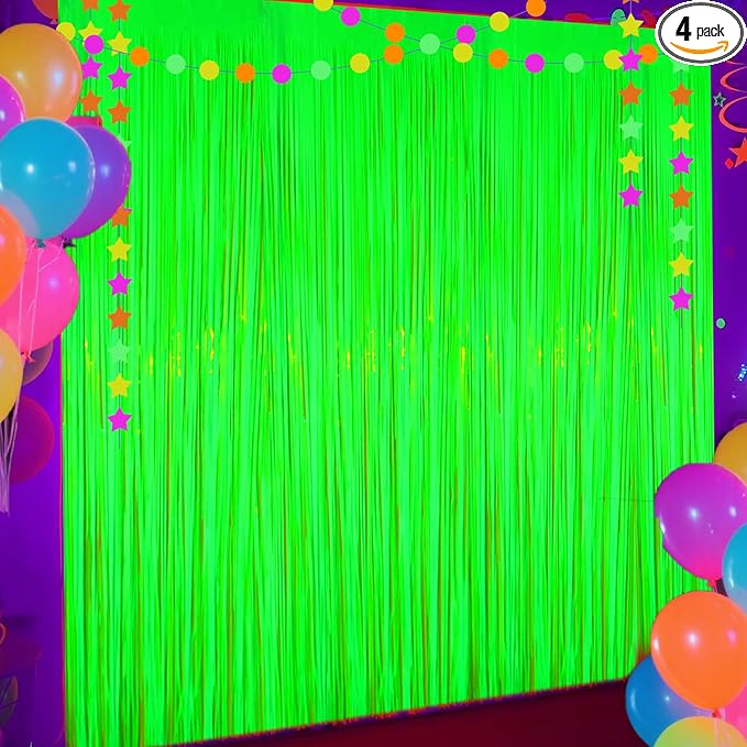 Glow in The Dark Party Supplies, 4 Packs Neon Party Decorations, Macaron Green Blacklight Reactive Fluorescent Tinsel Foil Fringe Curtains, Luminous Backdrop Streamers for Birthday, Photo Booth Prop