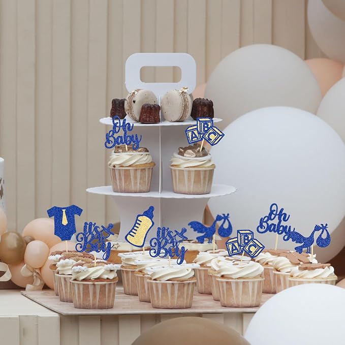 Gyufise 24Pcs Baby Shower Cupcake Toppers Glitter Tie Onesie Baby Bottle Oh Baby Cupcake Picks It's a Boy Cake Decorations for Baby Shower Gender Reveal Kids Boys Birthday Party Supplies Deep Blue