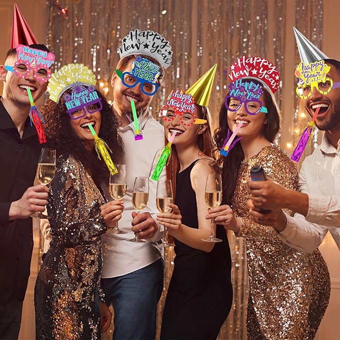 Openfly 36Pcs New Years Eve Party Supplies 2026 Happy New Year Hats Headband Tiara Noise Makers Paper Glasses Party Favors