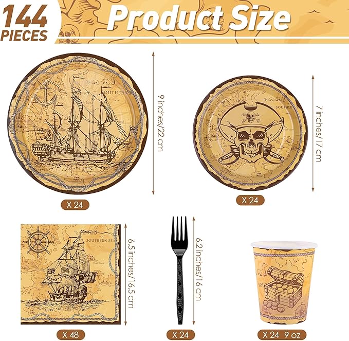 Kochorie 144 Pieces Pirate Party Supplies, Treasure Map Tableware Sets Including Disposable Paper Plates Napkins Cups Forks Serves 24 for Treasure Theme Birthday Party Decorations