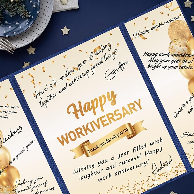 DARUNAXY Blue Gold Happy Workiversary Party Decorations, Happy Work Anniversary Alternative Signature Guest Book for Men Women Employee Business Gifts Signing Card Board for Office Supplies