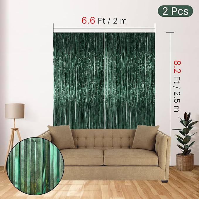 PartyWoo Green Streamers Backdrop 2pcs Green Tinsel Foil Fringe Streamer Curtains 8.2 FT Curtains Photo Backdrop for Graduation Birthday Dinosaur Jungle Golf Football Theme Party Decorations