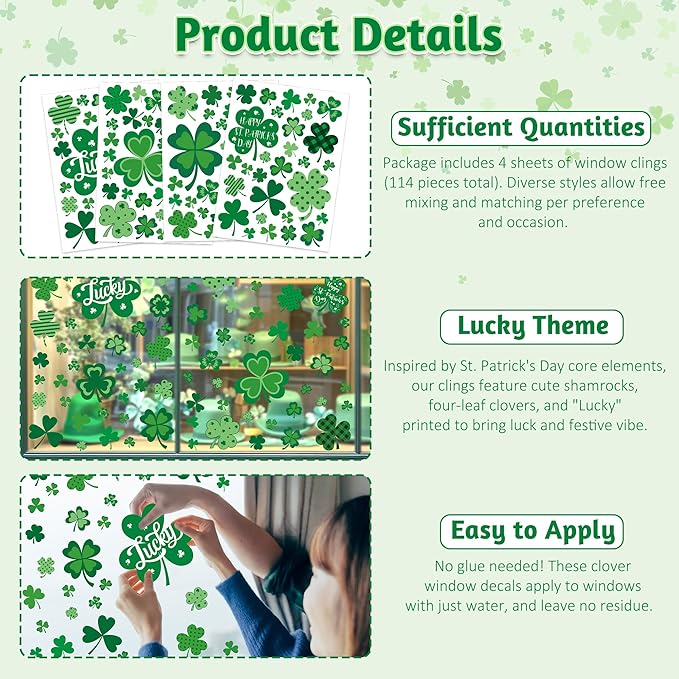 120 PCS St Patricks Day Decorations, 4 Sheets St Patricks Day Window Clings with Polka Dots Stripes Plaid Patterns, Double-Sided Green Party Decorations, Shamrock Window Clings for Home Decor