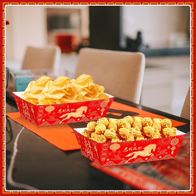 50 PCS Chinese New Year Decorations 2026, Spring Festival Food Paper Trays, Disposable Chinese New Year Candy Trays Food Boats, Year of The Horse Decorations for Taco Burger Popcorn