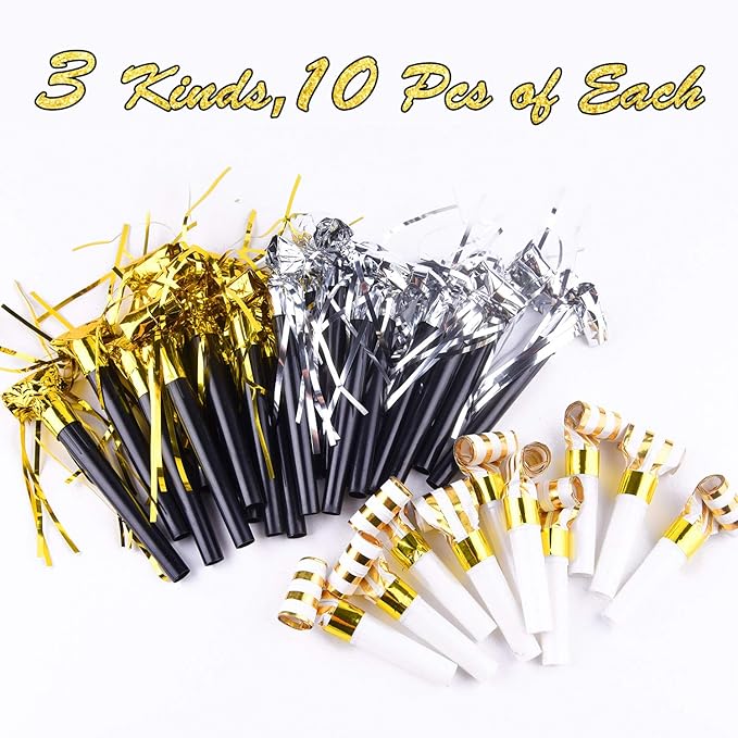 TUPARKA 57 Pcs 2026 New Years Eve Party Supplies Includes Paper Happy New Year Glasses，Party Blowouts Blowers Noisemakers and Black Gold Balloons，New Year Decorations NYE Party Supplies