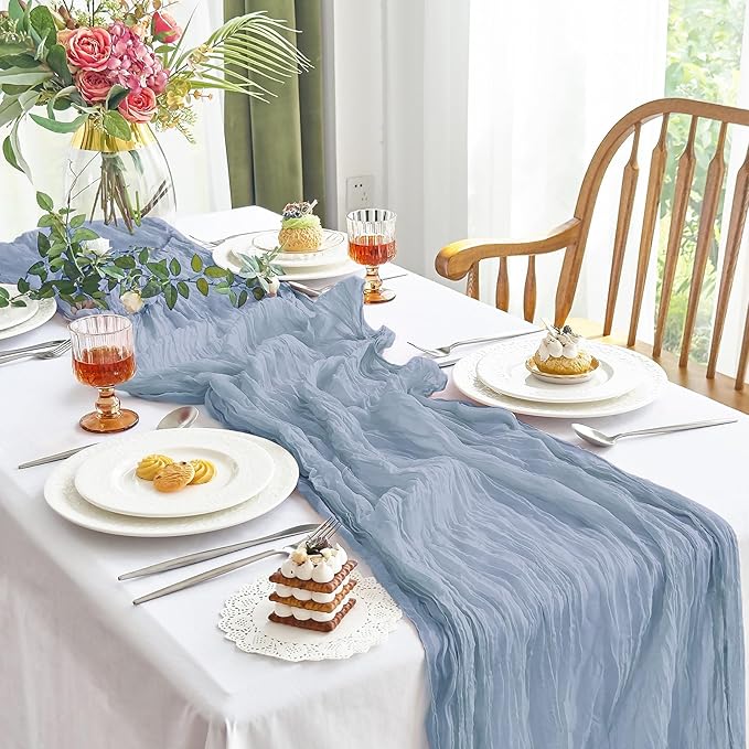 IVAPUPU 2 Pcs Cheesecloth Table Runner - 10ft Dusty Blue Easter Spring Boho Gauze Cheese Cloth Table Runners for Baby Shower Decoration Wedding Party Garden Farmhouse