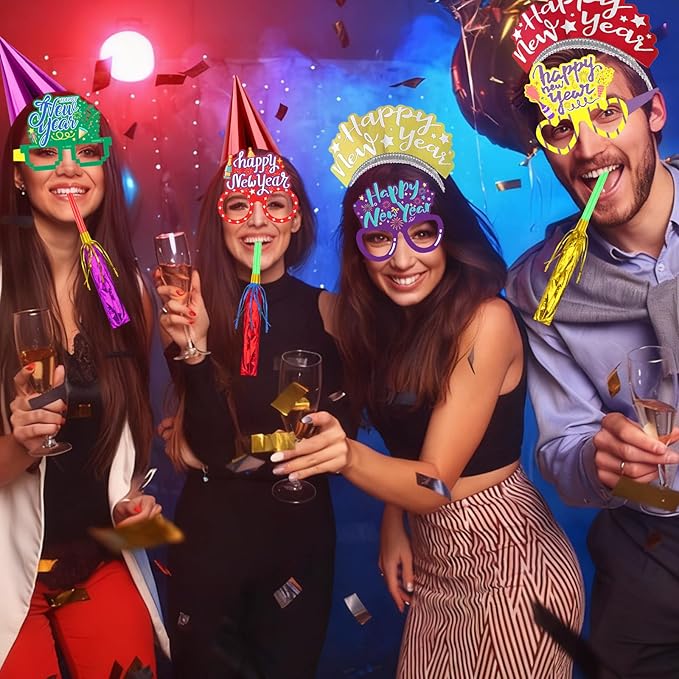 Openfly 36Pcs New Years Eve Party Supplies 2026 Happy New Year Hats Headband Tiara Noise Makers Paper Glasses Party Favors