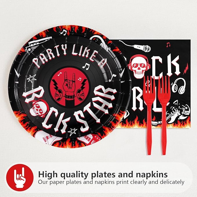 96 Pcs Rock and Roll Birthday Party Decorations Guitar Music Rock Plates and Napkins Tableware Favors for Men Boys Musical Rock N Roll Birthday Party Baby Shower Party Supplies, Serves 24