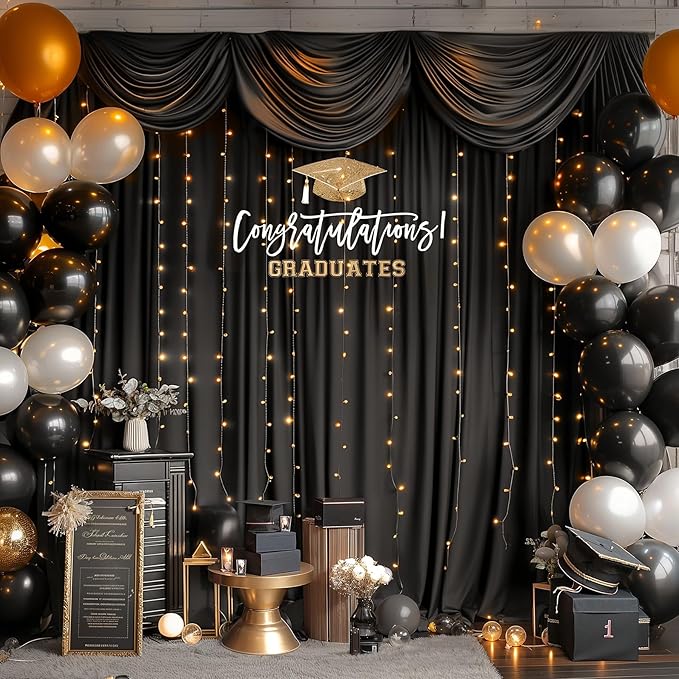 20x10FT Black Backdrop Curtains with Lights for Parties,Wrinkle Free Wedding Photo Backdrop Curtains for Baby Shower Birthday Ceremony Reception Home Party Decorations-5ft x 10ft,4 Panels