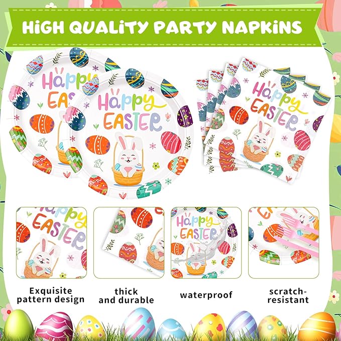 Easter Plates and Napkins Set for 20 Guests - 40 Pcs Disposable Easter Dinnerware, 9 Inch Colorful Egg & Bunny Paper Plates 20pcs and Napkins 20pcs for Dinner, Spring Party Decorations