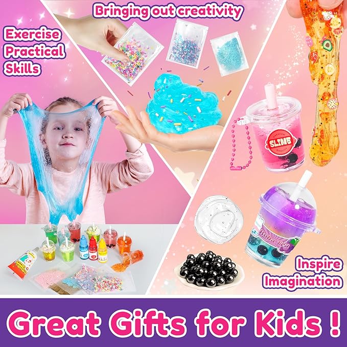 46PCS Slime Boba Tea Making Kit for Girls ages 8-12, DIY Pretend Play Food Toys, Bubble Tea Cups/Bag/Clear Slime/Add-ins, Making Miniature Food, Christmas Party Favors Gift for Kids 6 7 9 10 11