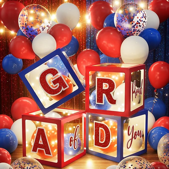 Graduation Party Decorations Class of 2026, 86PCS Red & Blue Graduation Party Supplies High School College Grad Balloon Boxes with Letters, Foil Curtains, LED String Light, Balloon Garland Kit