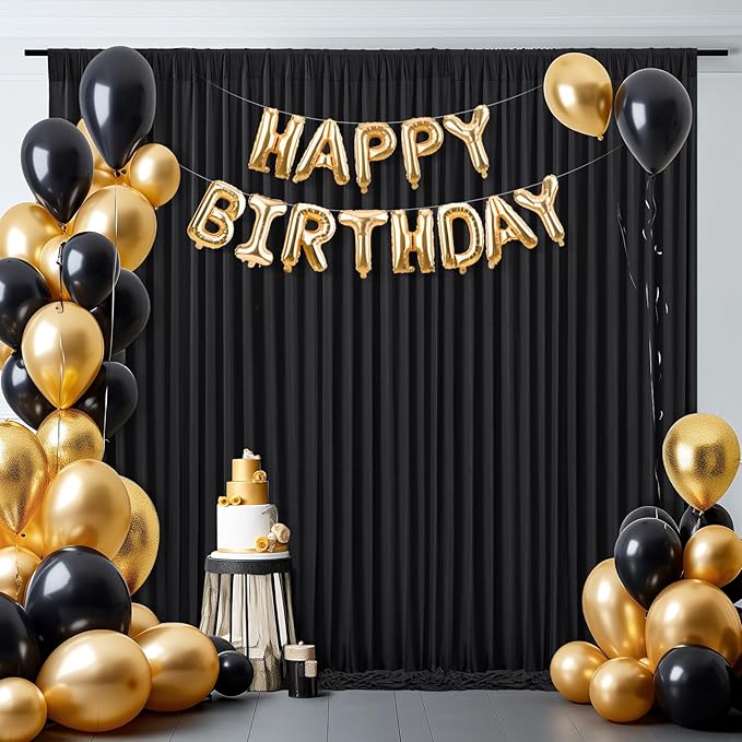 16x10FT Black Backdrop Curtains for Wedding Parties, Wrinkle Free Polyester Photography Backdrop Drapes for Wedding Baby Shower Birthday Parties Stage Background Stand Decorations 4x10ft, 4 Panels
