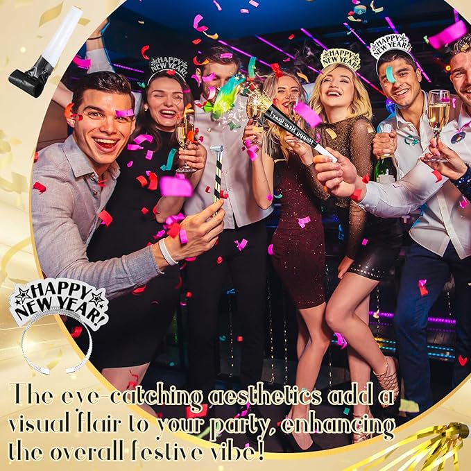Lenwen 18 Pcs Happy New Years Eve Party Supplies New Year Noise Makers Headband Tiara Party Horn Blowers Whistles Fringed Noisemaker Novelty Favors for Adult Decoration(Multicolor)