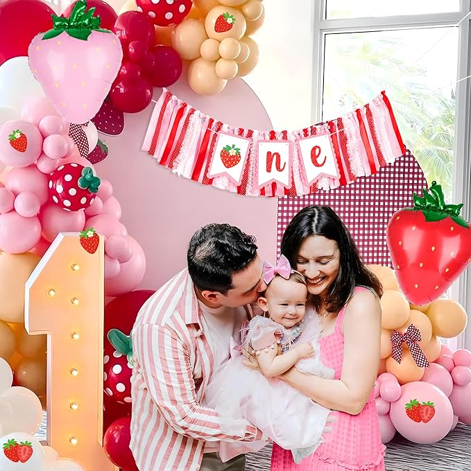 Berry First Birthday High Chair Banner One High Chair Banner Girl Photo Backdrop First Birthday Decorations for Girl Wall Hanging Decorations for Kids Bedroom, Red/Pink