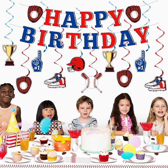 184 PCS Baseball Birthday Party Decorations Pack Baseball Party Supplies Tableware Set Including Happy Birthday Banner, Plates and Napkins, Knives, Forks, Cups, Swirls, Tablecloth for Baseball Party
