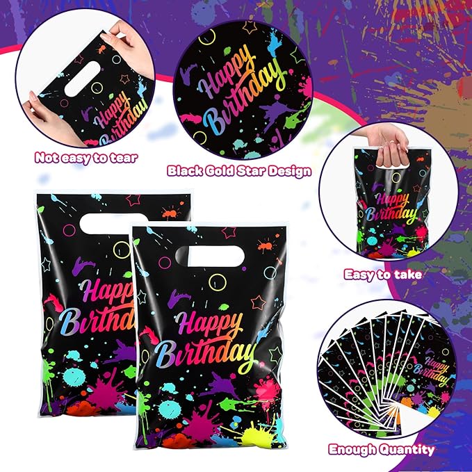 Pasimy 50 Pieces Neon Bags Let's Glow in The Dark Supplies Neon Happy Birthday Candy Goodie Treat Plastic Bags with Handle for Glow in Dark Birthday Party Decoration