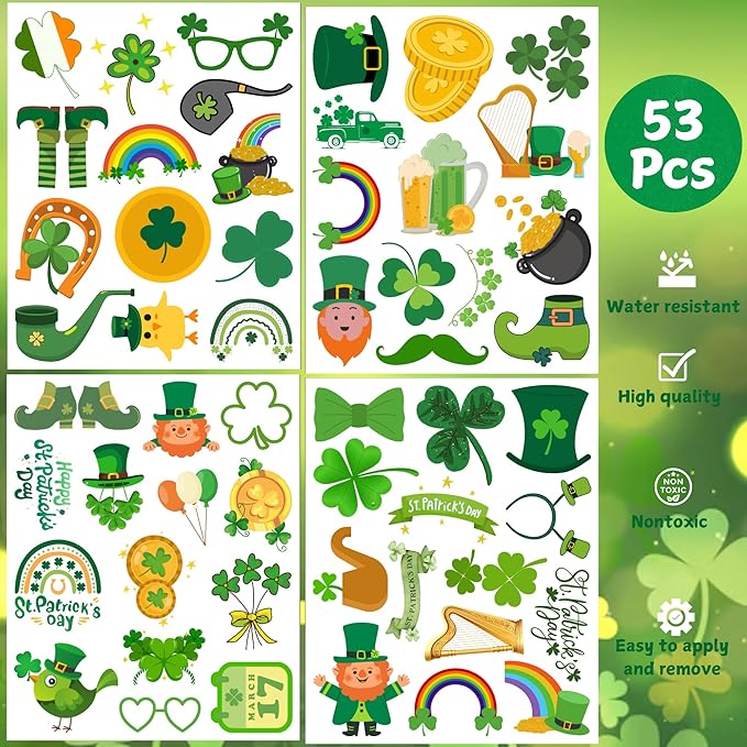 St Patricks Temporary Tattoos St Patricks Day Decorations St Patricks Party Favors Supplies Saint Patricks Day Face Stickers Gifts St Patricks Accessories Irish St Paddys Days 4 Sheets - 50Pcs
