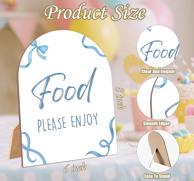 Blue Bow Food Please Enjoy Sign for Baby Shower, 6x8 Inch Arch Wooden Sign with Stand, Blue Baby Shower Table Sign, Gender Neutral Party Decoration - QW11