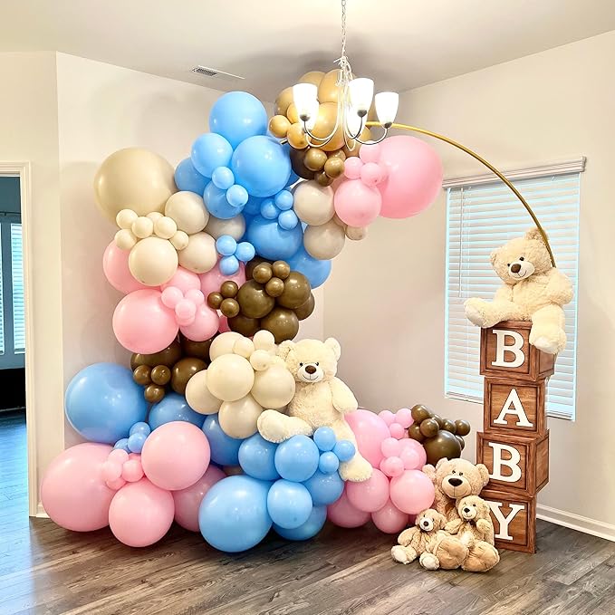 Baby Shower Boxes Party Decorations - 4 Wood Grain Brown Blocks with Baby Letter, Printed Letters,First Birthday Centerpiece Decor, Teddy Bear Baby Shower Supplies, Gender Reveal Backdrop