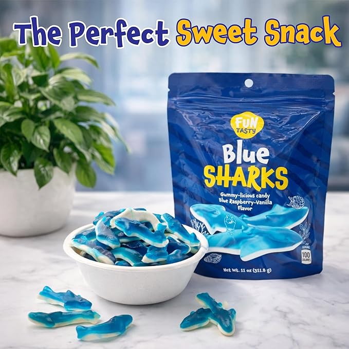 Gummy Sharks - 11 Ounce Bag - Blue Shark Gummies - Raspberry Marshmallow Flavor - Blue Candy for Goodie Bags, Gifting, Snacking and Dessert Decorating