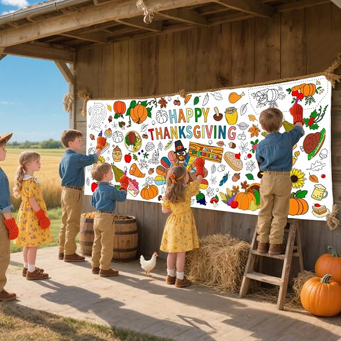 Thanksgiving Giant Coloring Poster,72 x 30 Inches Large Fall Thanksgiving Tablecloth/Banner for Kids DIY Coloring Tablecovers Gifts Turkey Pumpkin Fruits autumn School Classroom Home Party Supplies