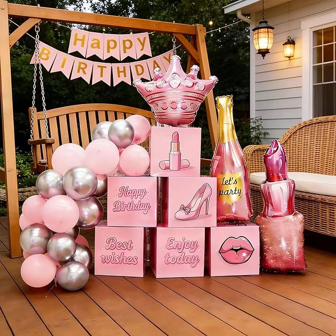 Happy Birthday Decorations for Women, Rose Gold Birthday Balloons & Happy Birthday Banner Set, Pink Princess Birthday Party Decorations