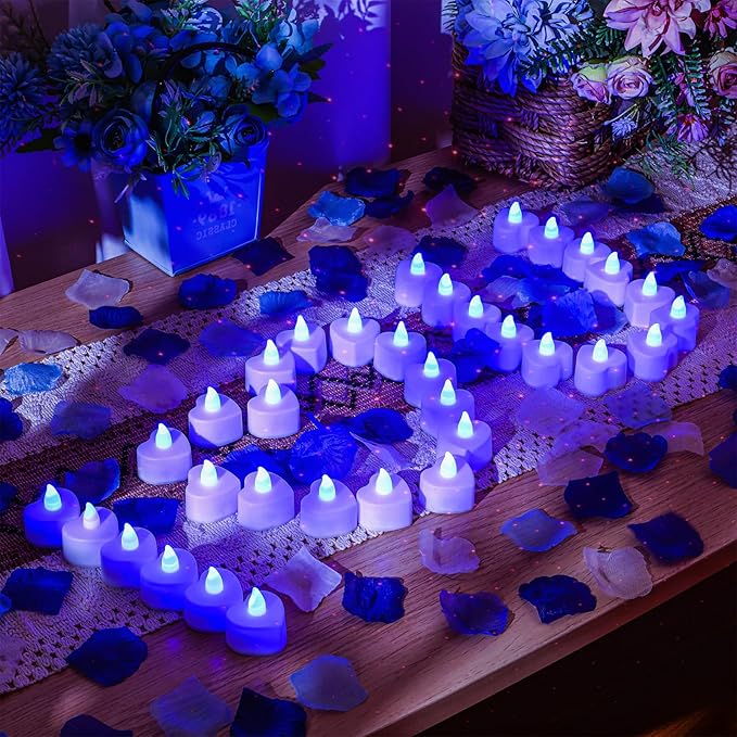 VIHOSE 4000 Pcs Artificial Rose Petals with 24 Pcs LED Tea Lights Candles Flameless LED Candles Fake Rose Petals for Wedding Birthday Party(Blue Light, Vivid Color Petal)