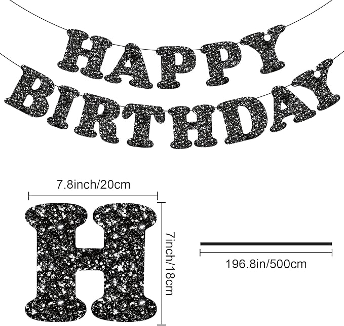 Glitter Black Happy Birthday Banner Birthday Party Decorations Sign Garland Bunting Banner for Wall Decor Party Background for Kids Boys Girls Adults