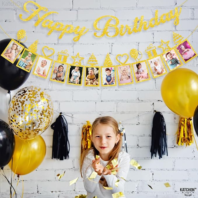 KatchOn, Glitter Gold Happy Birthday Photo Banner - Prestrung, 2 Strings, 10 Feet | Happy Birthday Banner with Photo for Gold Birthday Decorations