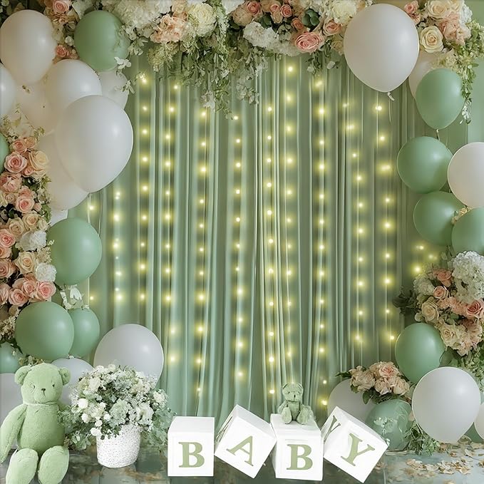 Sage Green Backdrop Curtains with Lights,10x10FT Wrinkle Free Photo Curtains Backdrop Drapes Fabric for Baby Shower Birthday Ceremony Reception Home Party Decorations-5ft x 10ft,2 Panels