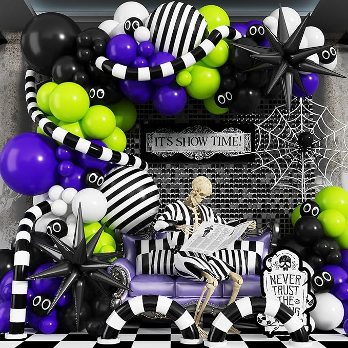 Halloween Balloon Arch Garland Kit, Purple Neon Green Party Decor with Star Spikes & Black and White Stripes Foil Balloons, Black Eyes Green Spooky Balloon for halloween Outdoor Party Decorations