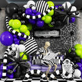 Halloween Balloon Arch Garland Kit, Purple Neon Green Party Decor with Star Spikes & Black and White Stripes Foil Balloons, Black Eyes Green Spooky Balloon for halloween Outdoor Party Decorations