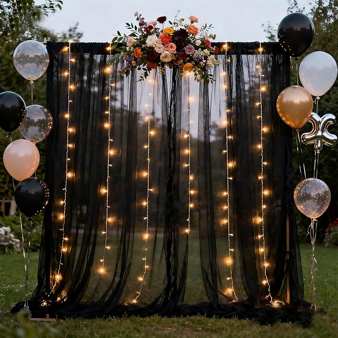 Black Tulle Backdrop Curtain with Lights Strings, Elegant Sheer Photo Backdrop Drapes, Soft Fabric Curtain for Weddings Brithday Parties Photography Background Decor, 10ftx8ft